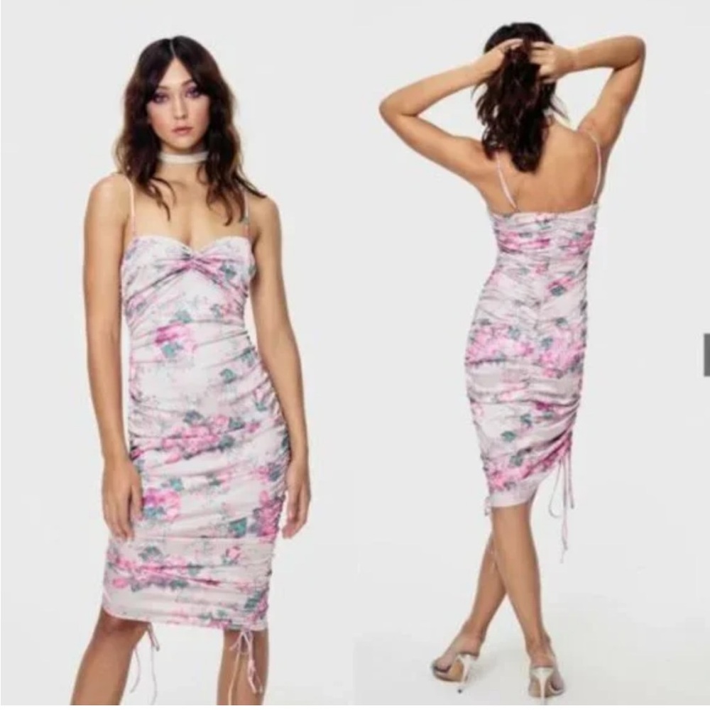 For Love And Lemons Pink Floral Midi Dress Palais Ruched Coquette